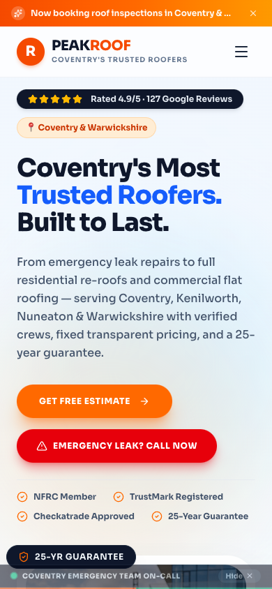 Anonymised roofing client website — mobile call and quote