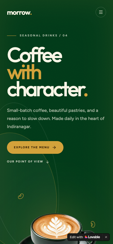Anonymised cafe client website — mobile menu